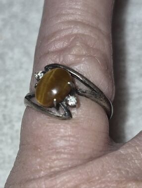Brown Tiger's Eye & Crystals Sterling Silver Ring Size 6.5